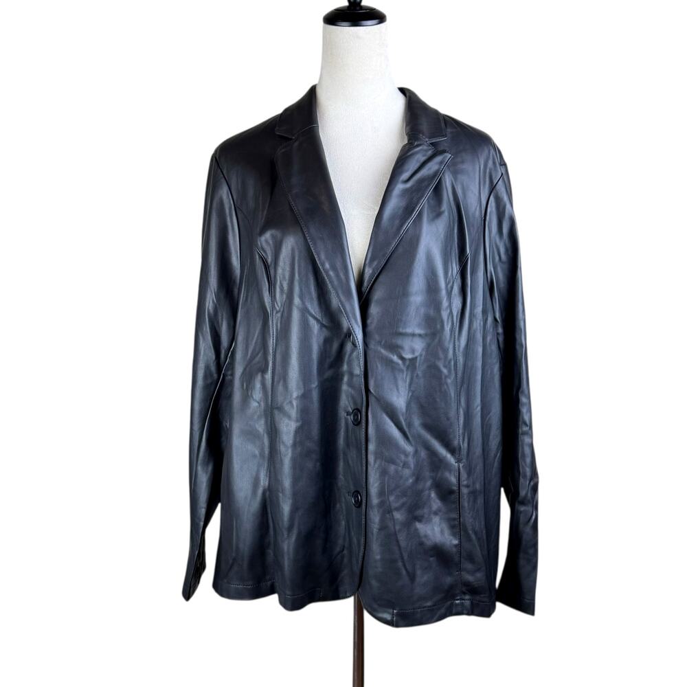 Denim & Co. QVC Black Soft Faux Leather Button Front Stretch Blazer Jacket